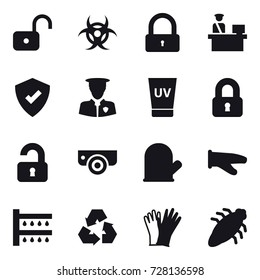 16 vector icon set : unlock, lock, uv cream, locked, unlocked, surveillance camera, cook glove, watering, recycling, gloves, bug