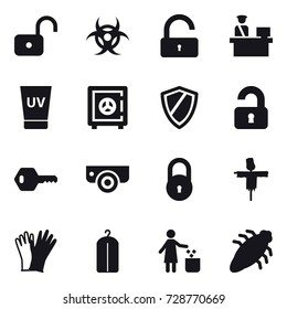 16 vector icon set : unlock, uv cream, safe, shield, unlocked, key, surveillance camera, scarecrow, gloves, dry wash, garbage bin, bug