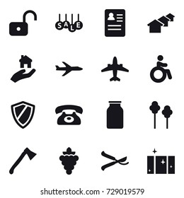 16 vector icon set : unlock, sale, houses, real estate, plane, airplane, invalid, shield, phone, trees, axe, grape, pruner, clean  window