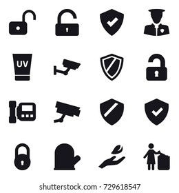 16 vector icon set : unlock, uv cream, surveillance, shield, unlocked, intercome, cook glove, hand leaf, garbage bin