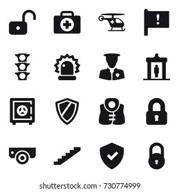 16 vector icon set : unlock, detector, safe, shield, life vest, locked, surveillance camera, stairs