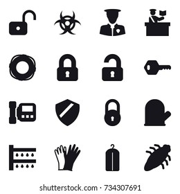 16 vector icon set : unlock, inspector, lifebuoy, locked, unlocked, key, intercome, cook glove, watering, gloves, dry wash, bug