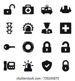 16 vector icon set : unlock, building helmet, first aid, key, lifebuoy, locked, unlocked, intercome, alarm
