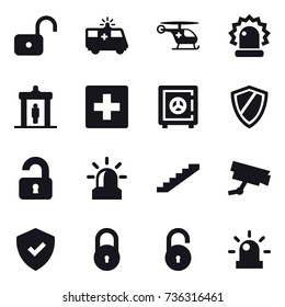 16 vector icon set : unlock, detector, first aid, safe, shield, unlocked, alarm, stairs