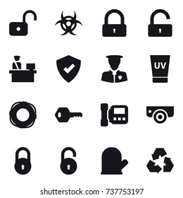16 vector icon set : unlock, lock, uv cream, lifebuoy, key, intercome, surveillance camera, cook glove, recycling