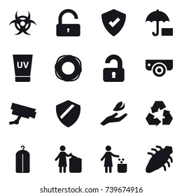 16 vector icon set : unlock, uv cream, lifebuoy, unlocked, surveillance camera, hand leaf, recycling, dry wash, garbage bin, bug