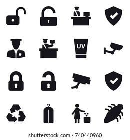16 vector icon set : unlock, inspector, uv cream, surveillance, locked, unlocked, recycling, dry wash, garbage bin, bug