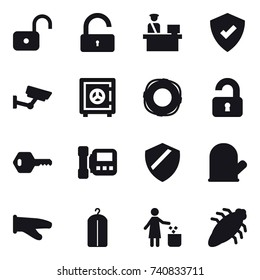 16 vector icon set : unlock, surveillance, safe, lifebuoy, unlocked, key, intercome, cook glove, dry wash, garbage bin, bug