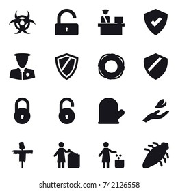 16 vector icon set : unlock, shield, lifebuoy, cook glove, hand leaf, scarecrow, garbage bin, bug