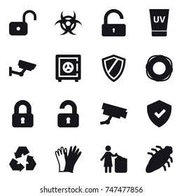16 vector icon set : unlock, uv cream, surveillance, safe, shield, lifebuoy, locked, unlocked, recycling, gloves, garbage bin, bug
