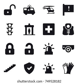 16 vector icon set : unlock, detector, first aid, life vest, locked, unlocked, alarm, surveillance camera, stairs, gloves