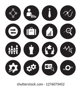 16 vector icon set : Users interconnected, Search Analytics, Service, Setting flow interface, Sine Waves Analysis, Round Value Chart, Synchronization isolated on black background