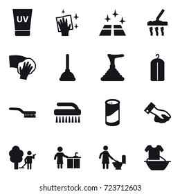 16 vector icon set : uv cream, wiping, clean floor, vacuum cleaner, wiping, plunger, plunger, dry wash, brush, brush, cleanser powder, wiping, garden cleaning, kitchen cleaning, toilet cleaning