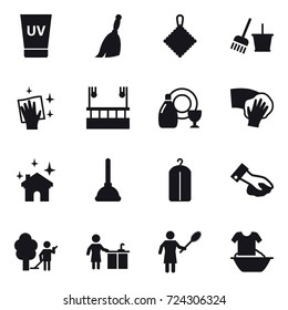 16 vector icon set : uv cream, broom, rag, bucket and broom, wiping, skyscapers cleaning, dish cleanser, house cleaning, plunger, dry wash, garden cleaning, kitchen cleaning, woman with pipidaster