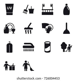 16 vector icon set : uv cream, bucket and broom, skyscapers cleaning, cleanser, dish cleanser, vacuum cleaner, wiping, plunger, dry wash, brush, cleanser powder, garden cleaning, kitchen cleaning