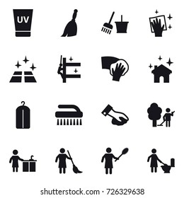 16 vector icon set : uv cream, broom, bucket and broom, wiping, clean floor, skyscrapers cleaning, house cleaning, dry wash, brush, garden cleaning, kitchen cleaning, brooming, woman with pipidaster