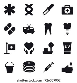 16 vector icon set : uv cream, bucket, syringe, hand drop