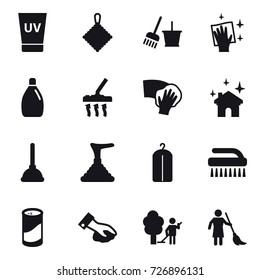 16 vector icon set : uv cream, rag, bucket and broom, wiping, cleanser, vacuum cleaner, house cleaning, plunger, dry wash, brush, cleanser powder, garden cleaning, brooming