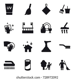 16 vector icon set : uv cream, broom, rag, bucket and broom, wiping, skyscapers cleaning, dish cleanser, vacuum cleaner, house cleaning, plunger, brush, cleanser powder, garden cleaning, brooming