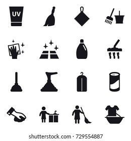 16 vector icon set : uv cream, broom, rag, bucket and broom, wiping, clean floor, cleanser, vacuum cleaner, plunger, dry wash, cleanser powder, kitchen cleaning, brooming, handle washing