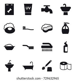 16 vector icon set : uv cream, water tap, soap, tooth brush, sponge with foam, liquid soap, foam basin, brush, toilet cleanser, water tap sink, bath, toilet brush, toilet paper