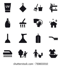 16 vector icon set : uv cream, rag, bucket and broom, skyscrapers cleaning, cleanser, vacuum cleaner, wiping, house cleaning, plunger, dry wash, brush, garden cleaning, toilet cleaning
