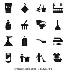 16 vector icon set : uv cream, rag, bucket and broom, skyscapers cleaning, cleanser, vacuum cleaner, wiping, plunger, dry wash, brush, cleanser powder, kitchen cleaning, brooming, handle washing