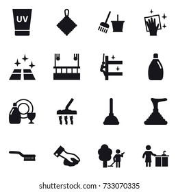 16 vector icon set : uv cream, rag, bucket and broom, wiping, clean floor, skyscapers cleaning, skyscrapers cleaning, cleanser, dish cleanser, vacuum cleaner, plunger, brush, garden cleaning