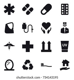16 vector icon set : uv cream, mirror, recycling, tooth brush, housing