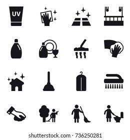 16 vector icon set : uv cream, wiping, clean floor, skyscapers cleaning, cleanser, dish cleanser, vacuum cleaner, house cleaning, plunger, dry wash, brush, garden cleaning, brooming, toilet cleaning