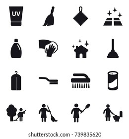16 vector icon set : uv cream, broom, rag, clean floor, cleanser, wiping, house cleaning, plunger, dry wash, brush, cleanser powder, garden cleaning, brooming, woman with pipidaster, toilet cleaning