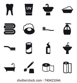 16 vector icon set : uv cream, washing, towel, soap, tooth brush, liquid soap, brush, cleanser powder, toilet cleanser, water tap sink, bath, toilet brush, toilet paper, paper towel