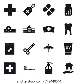 16 vector icon set : uv cream, first aid, tooth brush, liquid soap, housing