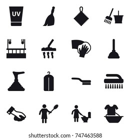 16 vector icon set : uv cream, broom, rag, bucket and broom, skyscapers cleaning, vacuum cleaner, wiping, plunger, dry wash, brush, woman with pipidaster, toilet cleaning, handle washing