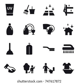 16 Vector Icon Set : Uv Cream, Bucket And Broom, Clean Floor, Skyscrapers Cleaning, Cleanser, Dish Cleanser, Wiping, House Cleaning, Plunger, Dry Wash, Brush, Garden Cleaning, Toilet Cleaning