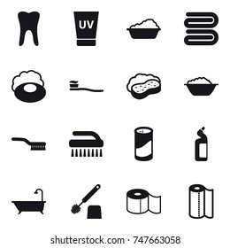 16 vector icon set : uv cream, washing, towel, soap, tooth brush, sponge with foam, foam basin, brush, cleanser powder, toilet cleanser, bath, toilet brush, toilet paper, paper towel