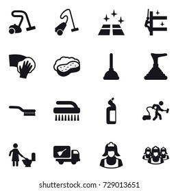 16 vector icon set : vacuum cleaner, clean floor, skyscrapers cleaning, wiping, sponge with foam, plunger, brush, toilet cleanser, toilet cleaning, home call cleaning, cleaner, outsource