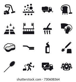 16 vector icon set : vacuum cleaner, sweeper, clean floor, skyscapers cleaning, wiping, sponge with foam, brush, toilet cleanser, toilet brush, duster, home call cleaning, outsource