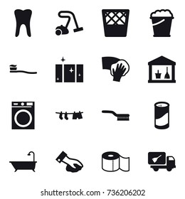 16 vector icon set : vacuum cleaner, trash bin, foam bucket, tooth brush, clean  window, wiping, utility room, washing machine, drying clothe, brush, cleanser powder, bath, toilet paper