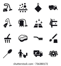 16 vector icon set : vacuum cleaner, rag, sweeper, clean floor, skyscrapers cleaning, sponge with foam, brush, toilet brush, duster, toilet cleaning, home call cleaning, outsource