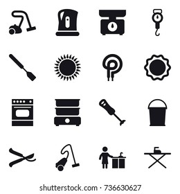16 vector icon set : vacuum cleaner, kettle, kitchen scales, handle scales, spatula, bucket, pruner, kitchen cleaning, iron board