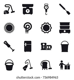 16 vector icon set : vacuum cleaner, kitchen scales, handle scales, spatula, bucket, kitchen cleaning