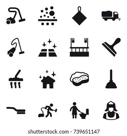 16 vector icon set : vacuum cleaner, rag, sweeper, clean floor, skyscapers cleaning, scraper, house cleaning, sponge with foam, plunger, brush, toilet cleaning, cleaner