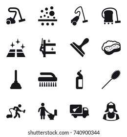 16 vector icon set : vacuum cleaner, clean floor, skyscrapers cleaning, scraper, sponge with foam, plunger, brush, toilet cleanser, duster, toilet cleaning, home call cleaning, cleaner