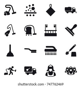 16 vector icon set : vacuum cleaner, rag, sweeper, skyscapers cleaning, scraper, plunger, brush, toilet brush, home call cleaning, cleaner, outsource
