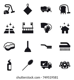 16 vector icon set : vacuum cleaner, rag, sweeper, clean floor, skyscapers cleaning, wiping, house cleaning, sponge with foam, plunger, brush, toilet cleanser, duster, home call cleaning, outsource