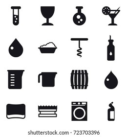 16 vector icon set : vial, wineglass, cocktail, drop, washing, corkscrew, measuring cup, measuring cup, barrel, drop, sponge, sponge, washing machine, toilet cleanser