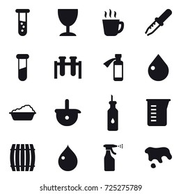 16 vector icon set : vial, wineglass, hot drink, drop, washing, measuring cup, barrel, sprayer, spot