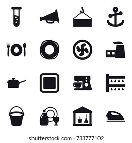 16 vector icon set : vial, loudspeaker, cafe, lifebuoy, cooler fan, saute pan, cutting board, watering, bucket, dish cleanser, utility room, iron