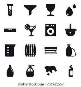 16 vector icon set : vial, funnel, wineglass, level, cocktail, washing machine, measuring cup, barrel, sponge, shampoo, cleanser, liquid soap, spot, toilet cleanser